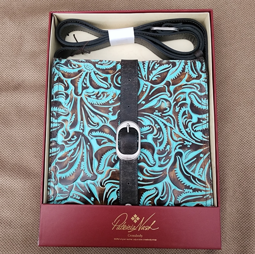 Patricia Nash Venezia Tooled Leather Crossbody Bag Turquoise & Brown Floral